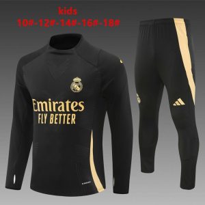 24/25 Kids Real Madrid Black/Golden Half Zipper Jacket+Long Pants