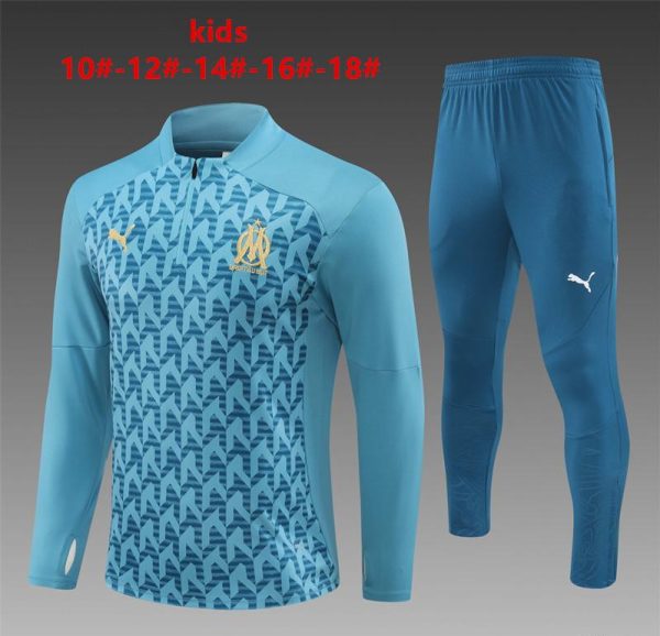 24/25 Kids Olympique Marseille Blue Grid Half Zipper Jacket+Long Pants